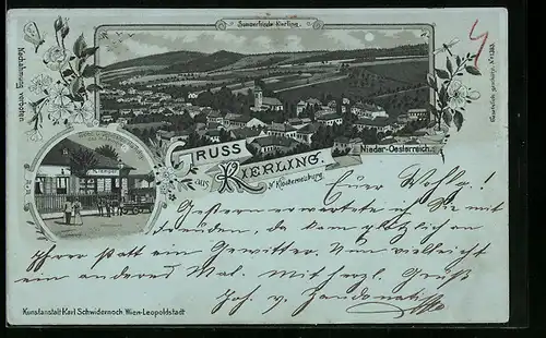 Mondschein-Lithographie Kierling b. Klosterneuburg, Delicatessen-Handlung des H. Temper, Ortsansicht