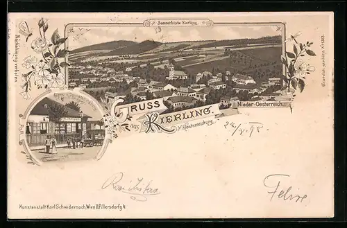 Lithographie Kierling b. Klosterneuburg, Geschäftshaus rud. Weichberger, Teilansicht