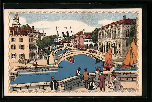 Künstler-Lithographie H. Kalmsteiner: Wien, Ausstellung Österreichische Adria 1913 - Kanal mit Brücken und Schiffen