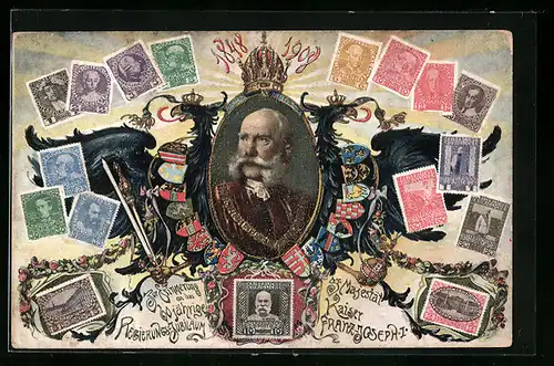 Künstler-AK Portrait von Kaiser Franz Josef I. anlässlich seines 60 jähr. Regierungsjubiläums mit versch. Briefmarken