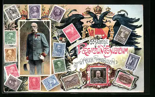 AK 60 jähriges Regierungs-Jubiläum Kaiser Franz Josef I. von Österreich, Briefmarken