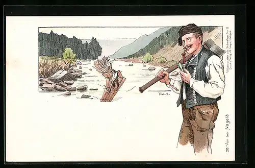 Künstler-AK Flösser auf der Nagold, Holzhacker mit Pfeife