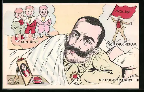 Künstler-AK sign. G. Lion: König Viktor Emmanuel III. von Italien träumt vom Sozialismus