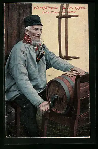 AK Betagter Bauer in Tracht beim Kirnen der Butter