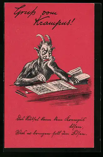 Künstler-AK Gruss vom Krampus!, Krampus beim Rätsel lösen