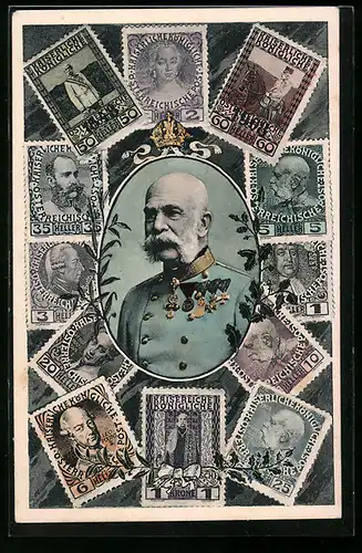 AK österr. Briefmarken und Portrait von Kaiser Franz Josef I. von Österreich