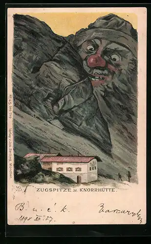 Künstler-AK Seiling Nr. 45: Zugspitze mit Knorrhütte, Berg mit Gesicht / Berggesichter