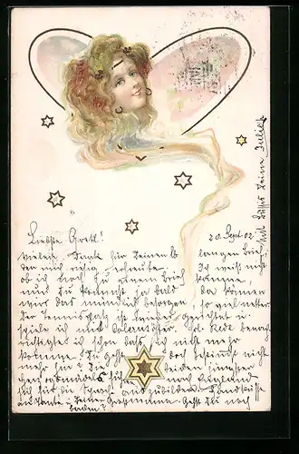 Künstler-AK Gesicht einer hübschen Frau aus Sternenstaub, Jugendstil