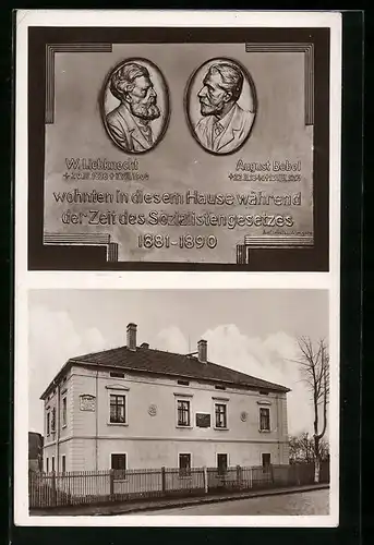 AK Borsdorf bei Leipzig, Bebel und Liebknecht Gedenktafel, enthüllt am 30.3.1930