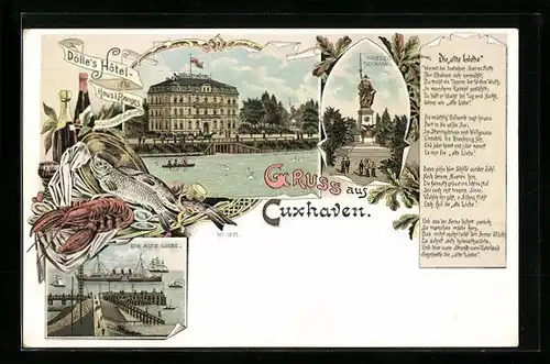 Lithographie Cuxhaven, Dölle`s Hotel, Die Alte Liebe, Kriegerdenkmal