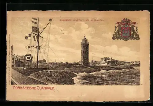 Lithographie Cuxhaven, Strandpartie mit Leuchtturm, Wappen