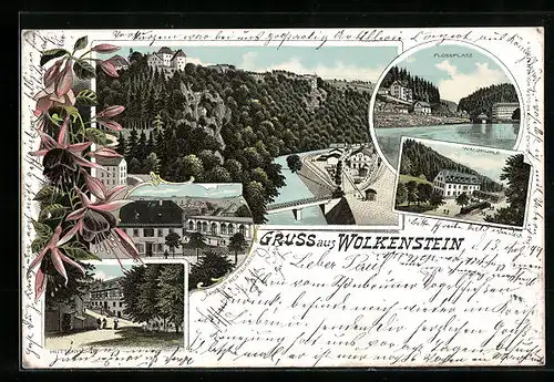 Lithographie Wolkenstein, Ortsansicht mit Brücke, Hüttenmühle, Flossplatz, Arnolds Restauration