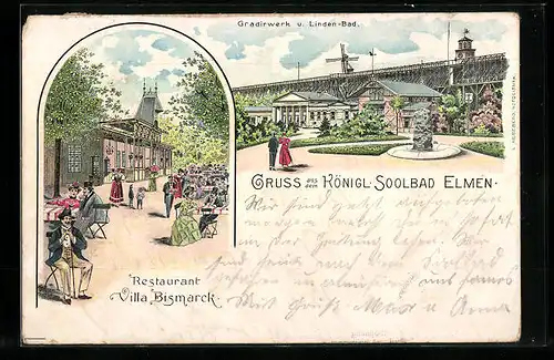 Lithographie Elmen, Gradirwerk und Linden-Bad, Restaurant Villa Bismarck - Gartenansicht