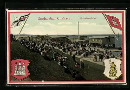 AK Cuxhaven, Blick auf die Seebadeanstalt, Wappen