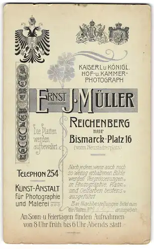 Fotografie Ernst J. Müller, Reichenberg, österreichischer Doppeladler nebst königlichen Wappen, Anschrift des Ateliers