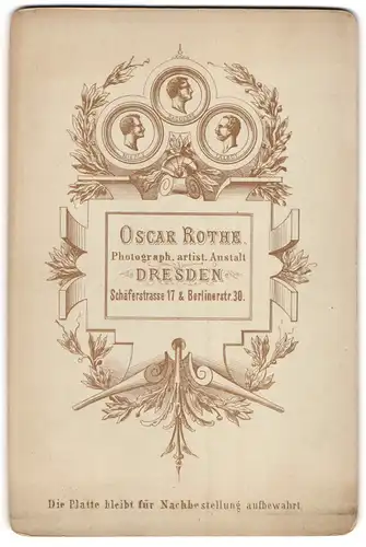 Fotografie Oscar Rothe, Dresden, Schäferstr. 17, eingerahmte Atelier Anschrift, Profil Daguerre, Niepce und Talbot