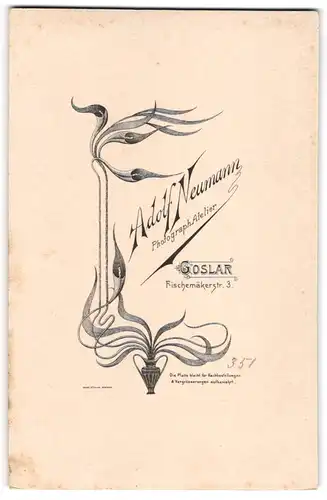 Fotografie Adolf Neumann, Goslar, Fischemäkerstr. 3, Blume entwächst einer Amphore, Anschrift des Ateliers