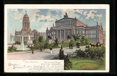 Lithographie Berlin, Neue Kirche, Schauspielhaus, Gendarmenmarkt