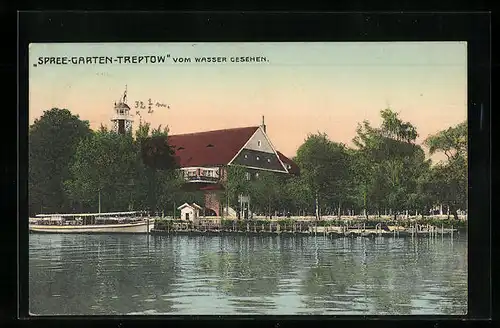 AK Berlin, Spree Garten Treptow vom Wasser gesehen