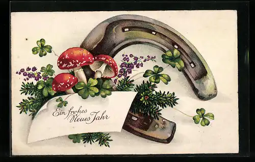 AK Neujahrsgruss mit Hufeisen und Fliegenpilzen