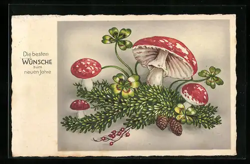 AK Fliegenpilze auf einem Tannenzweig, Neujahrsgruss