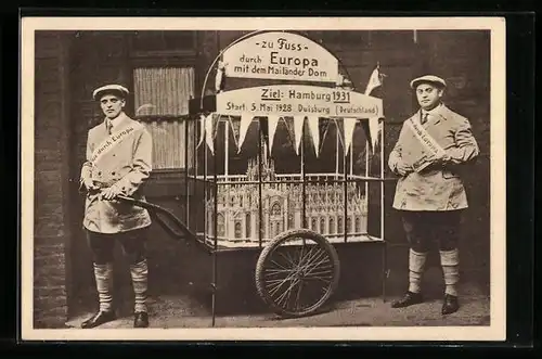 AK Duisburg, Zu Fuss durch Europa mit den Mailänder Dom, Europareise von Erich und Emil