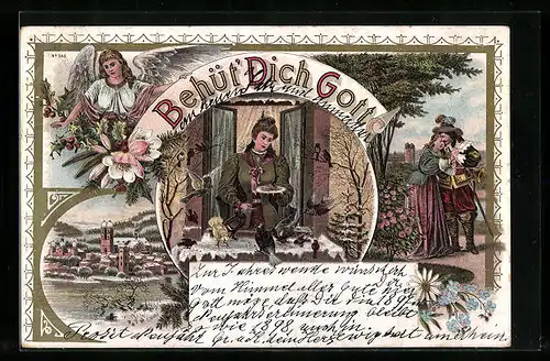 Lithographie Trompeter von Säckingen mit seiner Geliebten, Behüt Dich Gott!, Engel, Frau füttert Vögel
