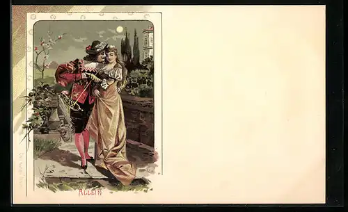 Lithographie Trompeter aus Säckingen umgarnt seine Geliebte im Garten