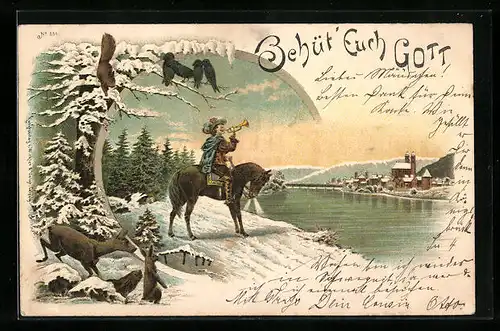 Lithographie Behüt Dich Gott!, Mann auf einem Pferd