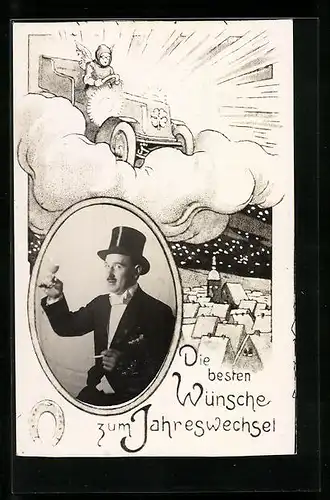 Foto-AK Rauchender Herr mit Glas in der Hand, Engel im Auto auf Wolke, Neujahrsgruss, Passepartout