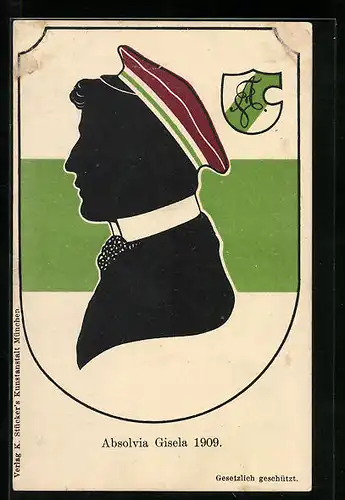 AK Schattenbild, Student mit Schirmmütze, Absolvia Gisela 1909, Studentenwappen