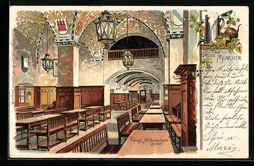 Lithographie München, Innenansicht Münchner Hofbräuhaus