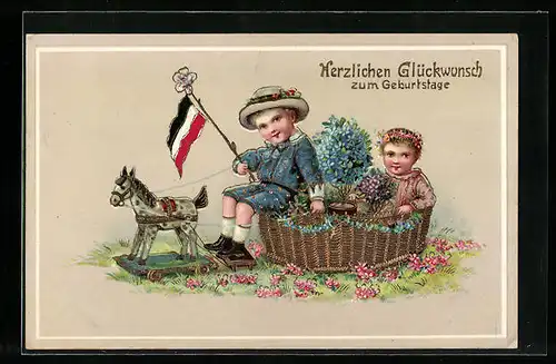 Lithographie Glückwunsch zum Geburtstage, Kinder mit Holzpferd