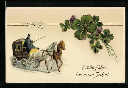 AK Frohe Fahrt ins neue Jahr, Kutsche wird von zwei Pferden durch den Schnee gezogen