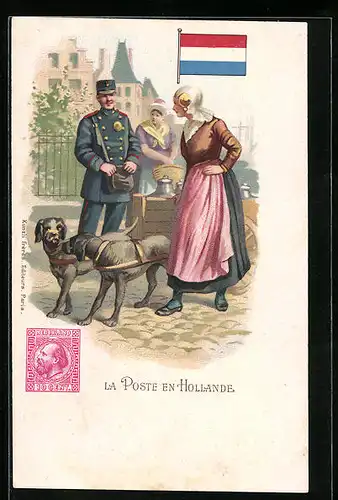 Lithographie La Poste en Hollande, Briefträger überbringt den Milchfrauen die Post, Flagge