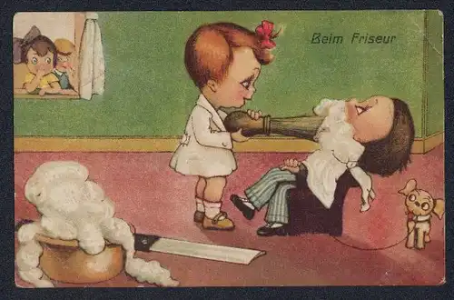 Künstler-AK Kinder beim Friseur