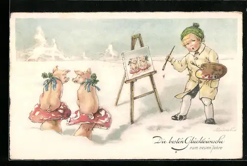 Künstler-AK Kleiner Maler hat Glücksschweinchen mit Schleifen portraitiert