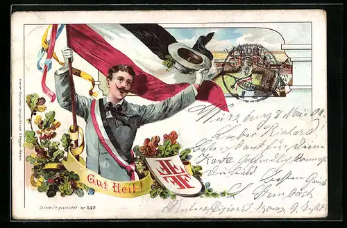 Lithographie Turnfest - Kaiserreichsflagge wird empor gehoben