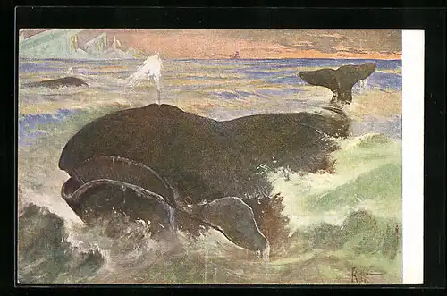 Künstler-AK Walfisch wurde an den Strand gespült