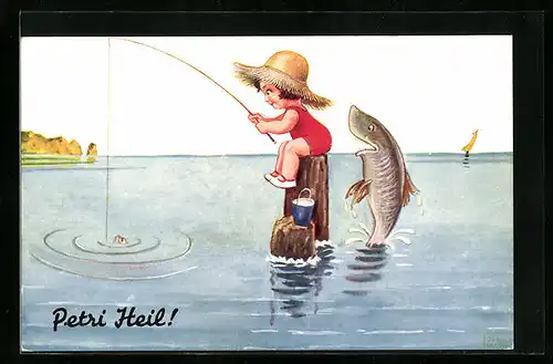 Künstler-AK Petri Heil!, Stattlicher Fisch guckt dem Mädchen über die Schulter