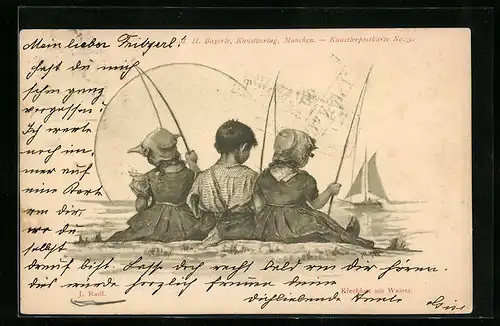 Lithographie Kleeblatt am Wasser, Angeln