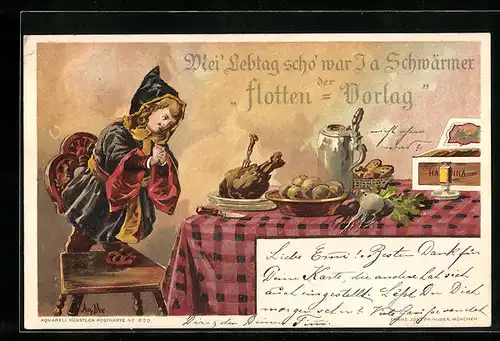 AK Münchner Kindl am Tisch mit Braten und Krtoffeln
