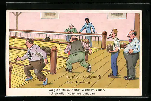 AK Beleibte Herren beim Kegeln, Geburtstagsgruss