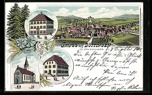 Lithographie Böttingen, Schul- und Rathaus, Kirche, Pfarrhaus