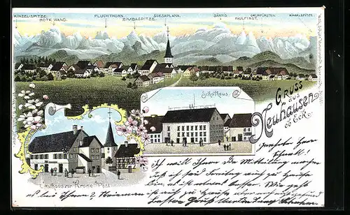 Lithographie Neuhausen ob Eck, Gasthaus zur Krone Post, Schulhaus, Ortsansicht mit Alpenpanorama