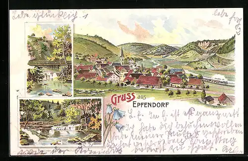 Lithographie Epfendorf, Teilansicht, Brücke, Uferpartie