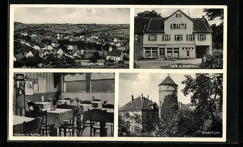 AK Osterburken, Cafe von Jos. Köpfle am Bahnhof, Innenansicht, Stadt-Turm