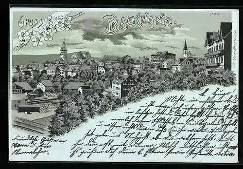 Mondschein-Lithographie Backnang, Teilansicht mit Kirche