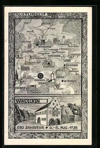 AK Windecken, 650 Jahrfeier 1938, Landkarte der Region Kinzig-Gau