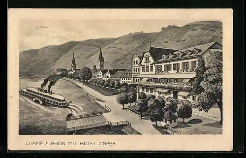 Künstler-AK sign. Hans Pernat: Camp a. Rhein, Hotel Anker, Bes. Julius Schuck, Dampferfahrt